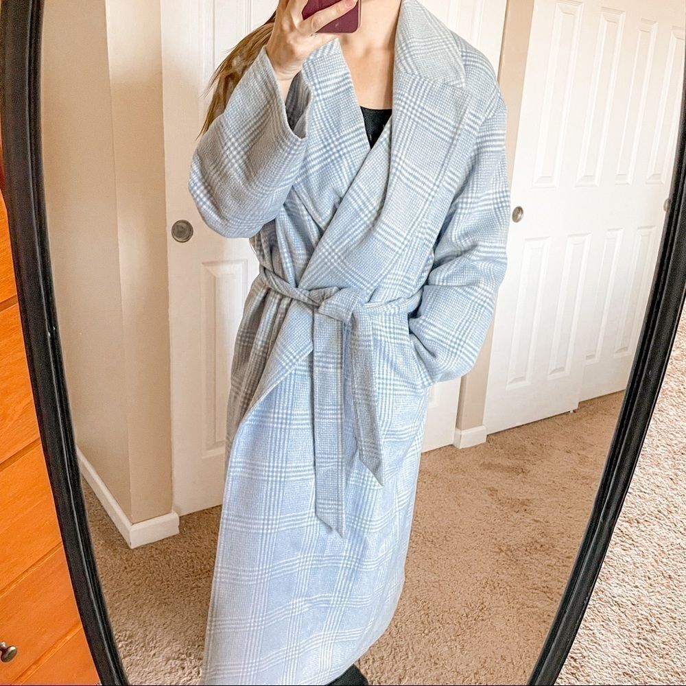 GANNI Woodside Felted Coat Long Plaid Belt Pale Blue